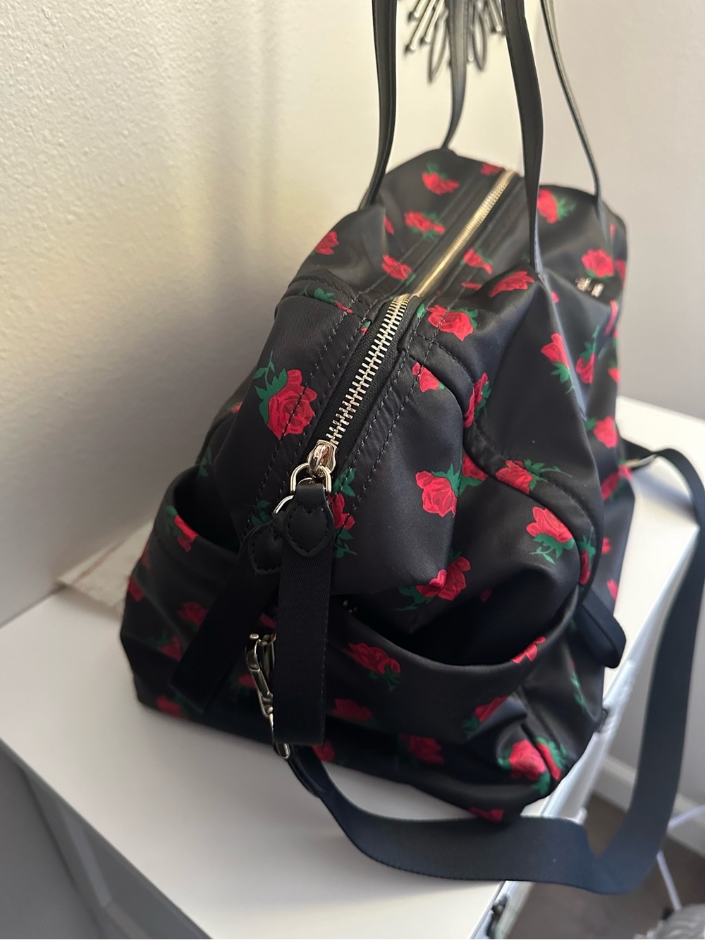 kate spade black travel duffel with red rose print - Picture 6 of 10